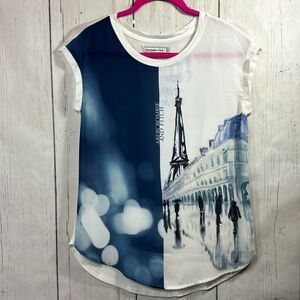 Abercrombie & Fitch Womens Eiffel Tower Graphic T Shirt Short Sleeve Blue White